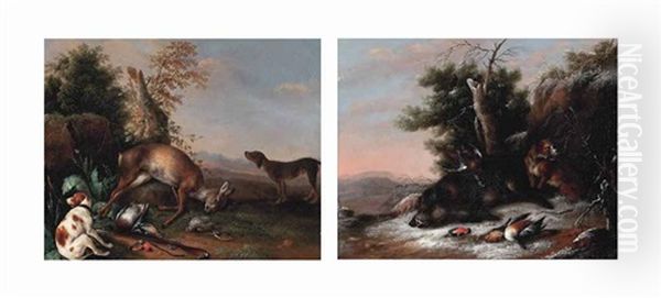 A Landscape With Dead Game, Including A Deer...; A Winter Landscape With Dead Game, Including A Boar...(pair) Oil Painting by Wenzel Ignaz Prasch