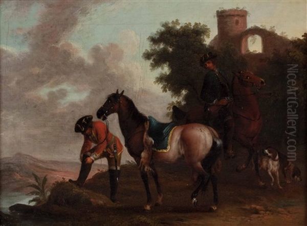 Zwei Jagende Reiter Mit Hunden Vor Burgruine Oil Painting by Wenzel Ignaz Prasch