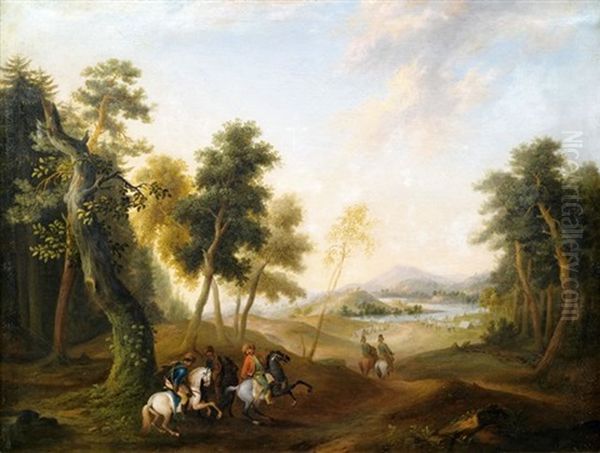 Weite Flusslandschaften Mit Panduren In Der Nahe Ihres Lagers (pair) Oil Painting by Wenzel Ignaz Prasch