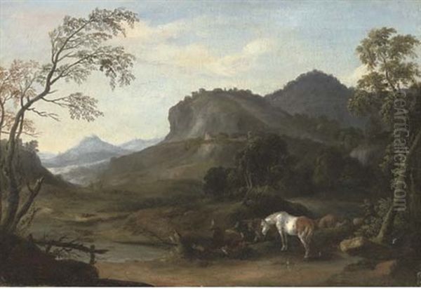 A Mountainous River Landscape With A Shepherd Driving His Sheep (+ A Mountainous River Landscape With Horses And Cattle; Pair) Oil Painting by Wenzel Ignaz Prasch