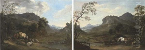 A Mountainous River Landscape With A Shepherd Driving His Sheep And Cattle On A Path (+ A Mountainous River Landscape With Horses And Cattle Grazing By A Tree; Pair) Oil Painting by Wenzel Ignaz Prasch