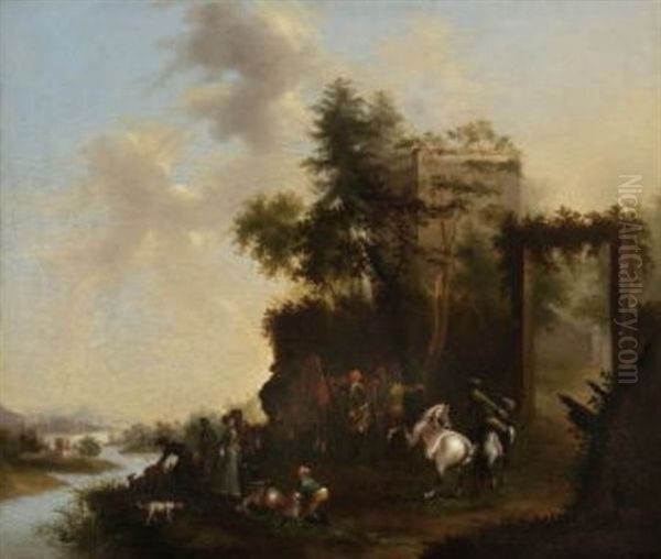 Jagdgesellschaft Vor Einer Burgruine In Flusslandschaft Oil Painting by Wenzel Ignaz Prasch