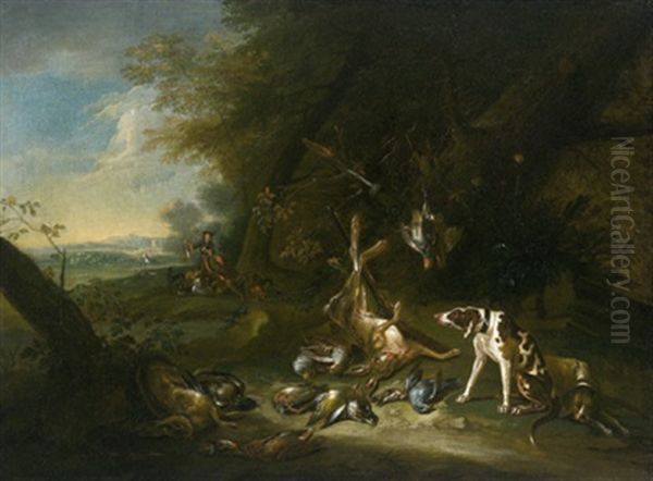 Bewaldete Landschaft Mit Rastenden Jagern Und Jagdbeute Von Hunden Bewacht by Wenzel Ignaz Prasch