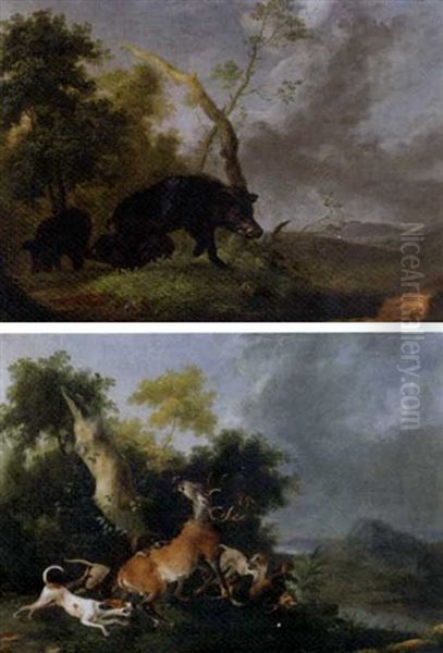 A Landscape With Boars Foraging (+ A Landscape With Hounds Bringing Down A Deer; Pair) Oil Painting by Wenzel Ignaz Prasch