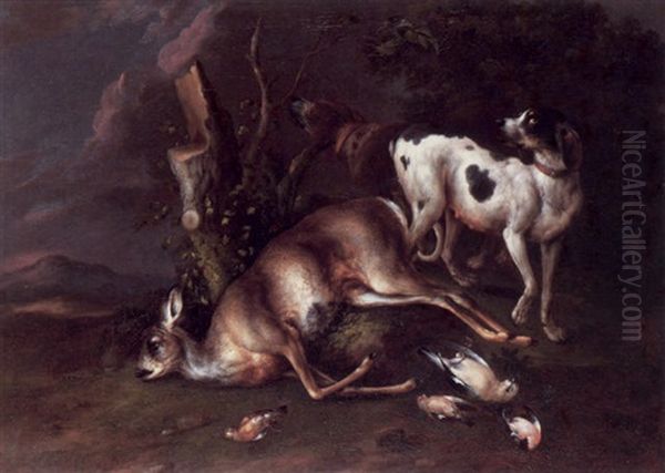 Two Hounds Standing Guard Over A Dead Deer With Song Birds In The Foreground Oil Painting by Wenzel Ignaz Prasch