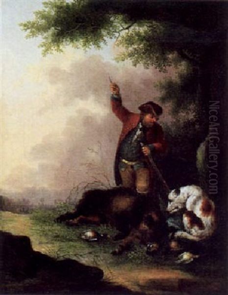 Jager Und Hund Mit Einem Erlegten Eber In Einer Landschaft Oil Painting by Wenzel Ignaz Prasch