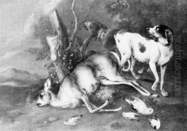 Two Hounds Standing Guard Over A Dead Dear And Song Birds In A Landscape Oil Painting by Wenzel Ignaz Prasch