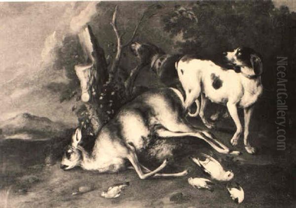 Two Hounds Standing Guard Over A Dead Deer And Song Birds In A Landscape Oil Painting by Wenzel Ignaz Prasch