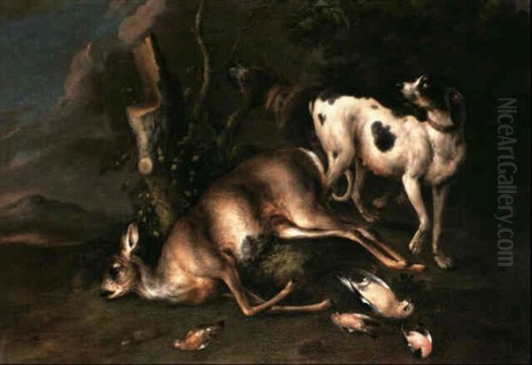 Two Hounds Standing Guard Over A Dead Deer And Song Birds   In A Landscape Oil Painting by Wenzel Ignaz Prasch