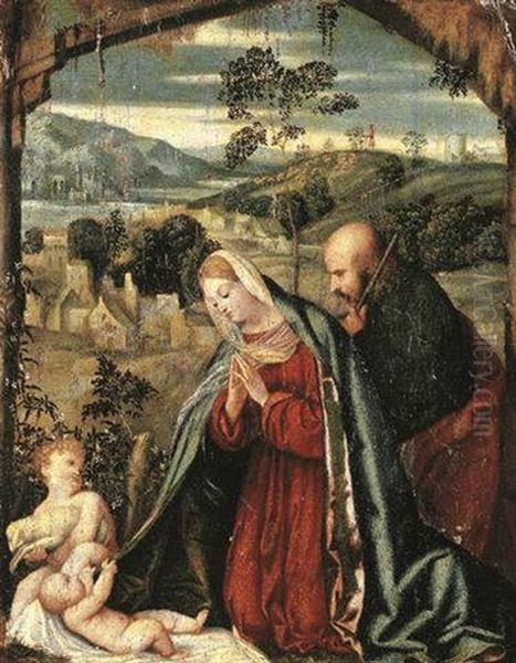 The Holy Family In A Landscape Oil Painting by Francesco, da Caravaggio Prata