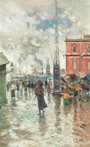 A Bustling Port Scene Oil Painting by Attilio Pratella