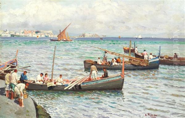 Fishing Boats On The Neapolitan Coast Oil Painting by Attilio Pratella