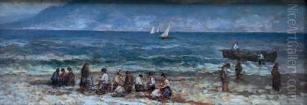 Personnages Au Bord De La Mer Oil Painting by Attilio Pratella