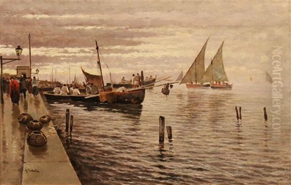 Harbor Scene Oil Painting by Attilio Pratella