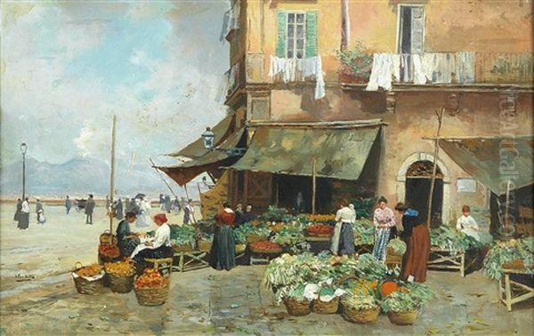 Market Scene On Via Marina, Naples Oil Painting by Attilio Pratella