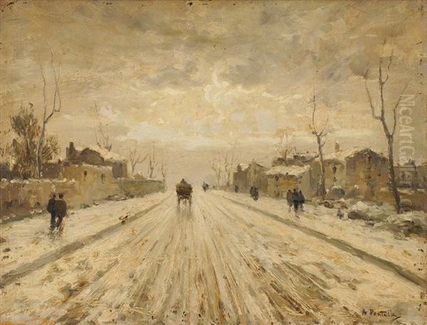 Winterliche Dorfstrasse Mit Fuhrwerk Und Passanten Oil Painting by Attilio Pratella