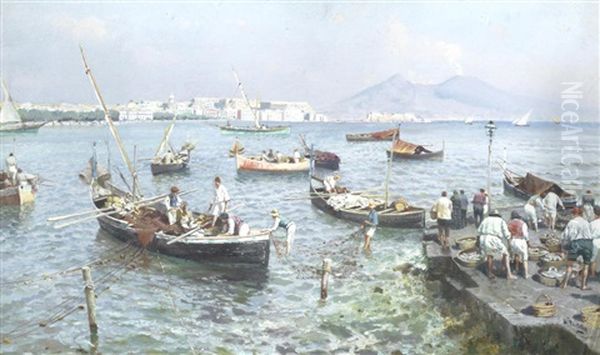 Fishing Boats In The Bay Of Naples Oil Painting by Attilio Pratella