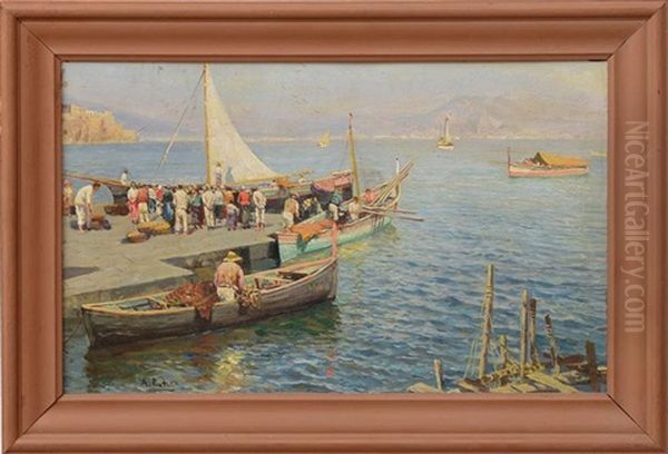 Naples Quay, Fishing Boats And Crowd Oil Painting by Attilio Pratella