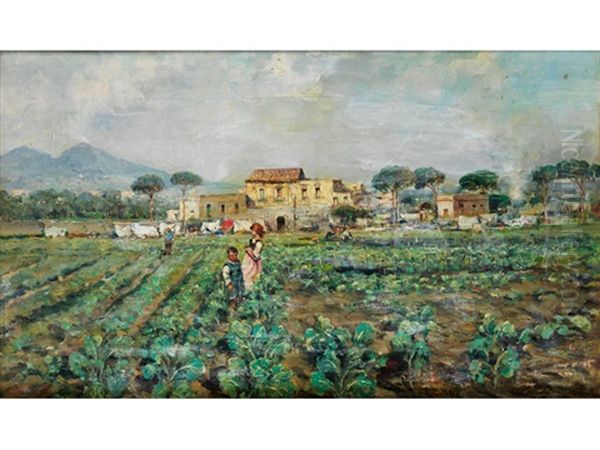 Neapolitanische Landschaft Mit Kindern In Einem Feld Oil Painting by Attilio Pratella