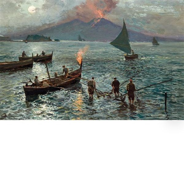 Night Fishing In The Bay Of Naples Oil Painting by Attilio Pratella