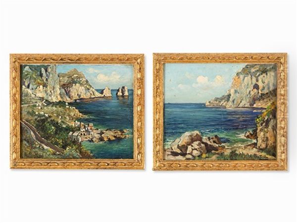 Pair Of Coastal Views Of Capri Oil Painting by Attilio Pratella