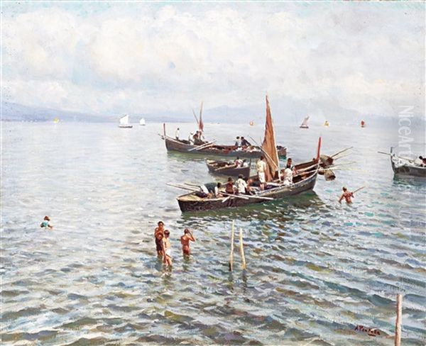 Fishing Boats In The Bay Of Naples Oil Painting by Attilio Pratella