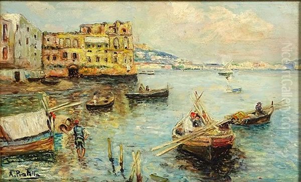 Fishing Boats In Bay Of Naples Oil Painting by Attilio Pratella