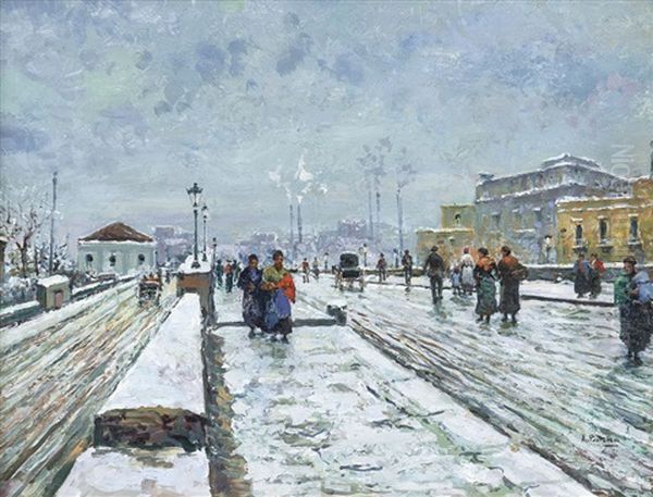 Nevicata Sul Ponte Della Maddalena Oil Painting by Attilio Pratella