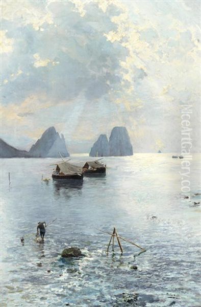 Fishermen Off Capri Oil Painting by Attilio Pratella