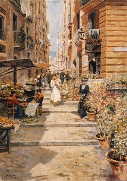 The Chiaia Steps In Naples (i Gradoni Di Chiaia) Oil Painting by Attilio Pratella