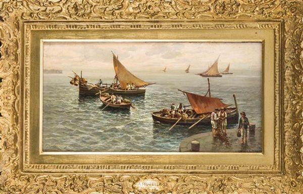 Fischerboote An Der Mole Oil Painting by Attilio Pratella