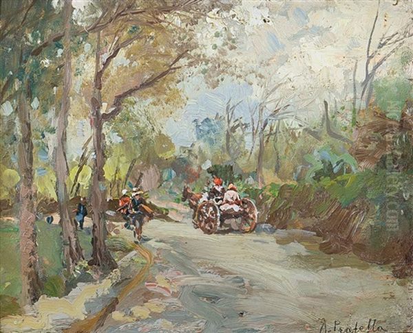 Viale Con Carrozzella E Viandanti Oil Painting by Attilio Pratella