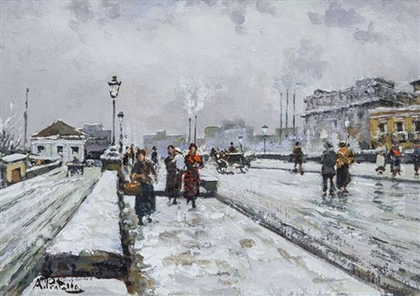 Ponte Della Maddalena Sotto La Neve Oil Painting by Attilio Pratella