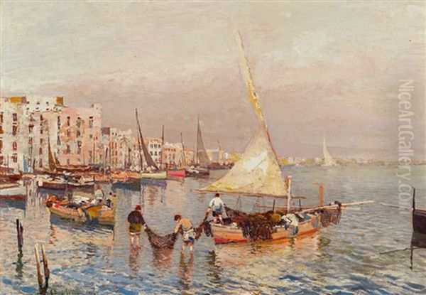 Italienische Kustenstadt Mit Fischerbooten Im Hafen Oil Painting by Attilio Pratella