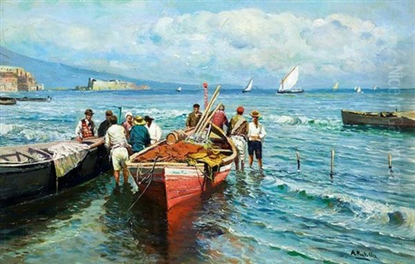 Pescatori E Barche A Riva Oil Painting by Attilio Pratella