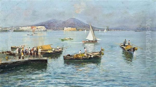 Fishermen Before Vesuvius, Naples Oil Painting by Attilio Pratella