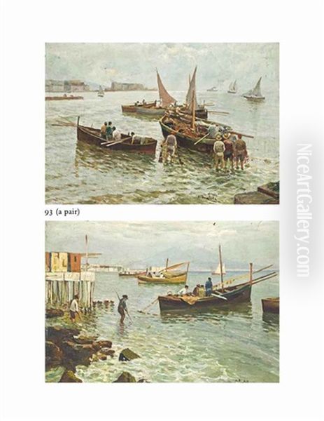 Fisherfolk In The Bay Of Naples; Fisherfolk Before Vesuvius (pair) Oil Painting by Attilio Pratella