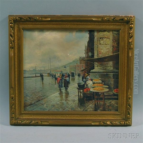 Rainy Day, Coastal Market Town Oil Painting by Attilio Pratella