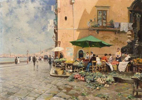 A Vegetable Stall By The Gulf Of Naples Oil Painting by Attilio Pratella