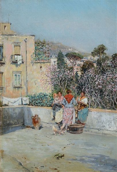 Popolane In Terrazza Oil Painting by Attilio Pratella