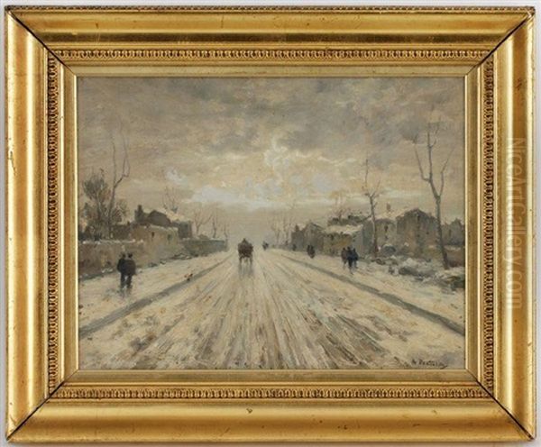 Route Enneigee Avec Attelage Et Passants Oil Painting by Attilio Pratella