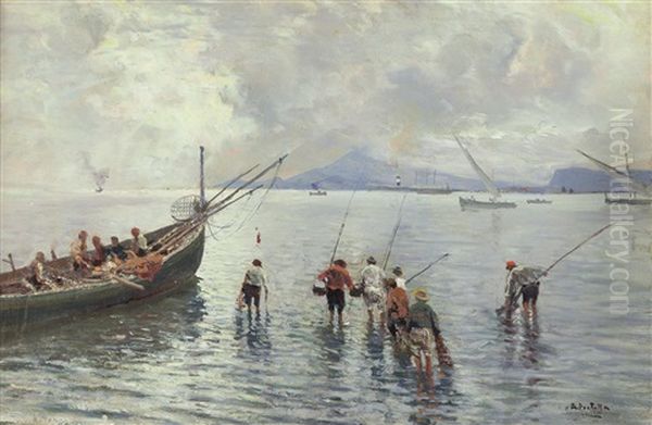 Vongolari Nel Golfo Di Napoli Oil Painting by Attilio Pratella