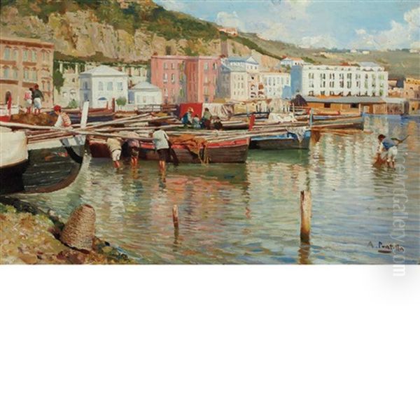 Coastal Fishing Village, Bay Of Naples Oil Painting by Attilio Pratella