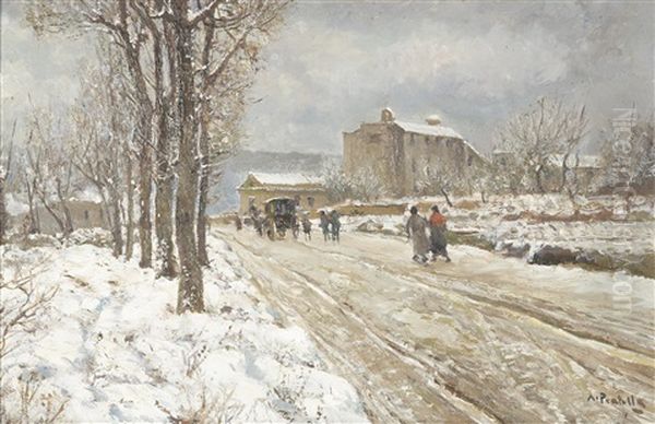 A Winter Landscape With Figures On A Road Oil Painting by Attilio Pratella