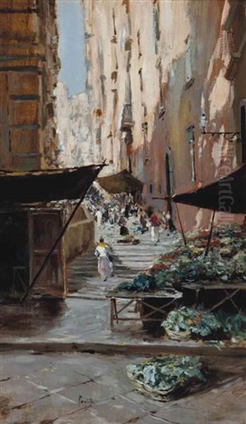 A Market On The Steps, Porta Lucia, Naples Oil Painting by Attilio Pratella