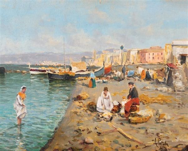 Figures On The Seashore Oil Painting by Attilio Pratella