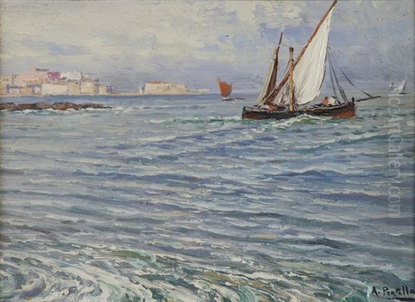 Napoli, Barche Di Pescatori In Mare Con Castel Dell'ovo E Il Lungomare Di Via Partenope Sullo Sfondo Oil Painting by Attilio Pratella