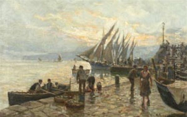 Genreszene Am Hafen Mit Fischerbooten Oil Painting by Attilio Pratella