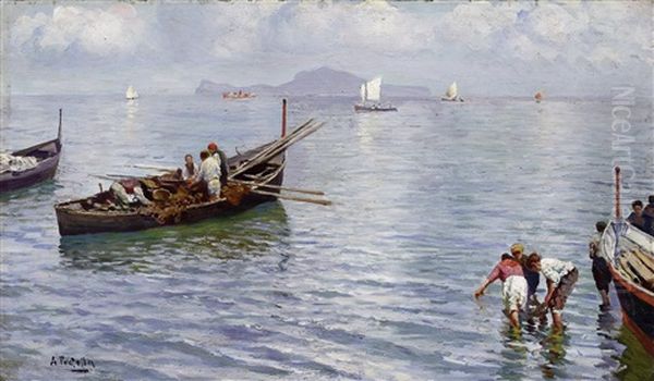 Fischerboote Auf Dem Wasser Vor Capri Oil Painting by Attilio Pratella