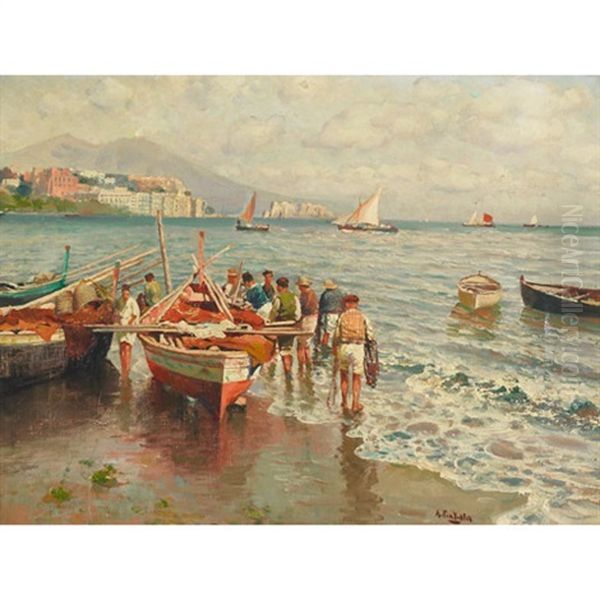 Fishing Boats Preparing For Departure Oil Painting by Attilio Pratella